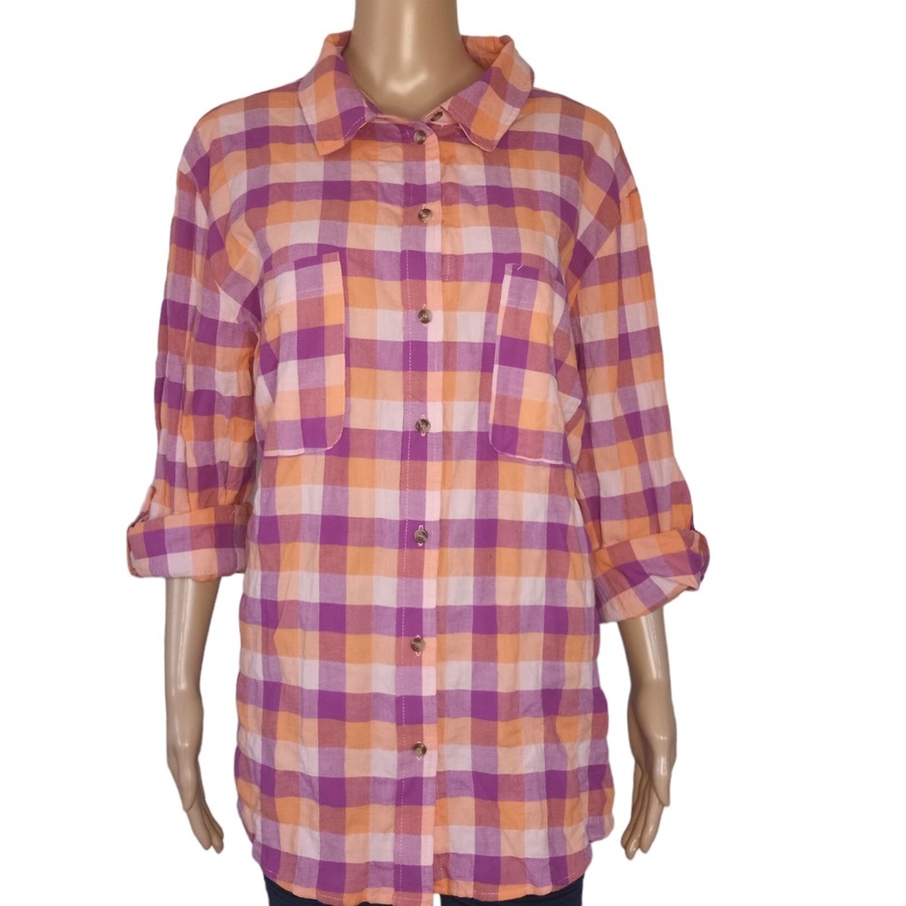Sanctuary Plaid Check Roll Tab Sleeve Button Down Shirt 2X